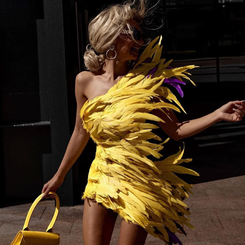 Luxury Feather Trim One Shoulder Crepe Mini Dress - Yellow