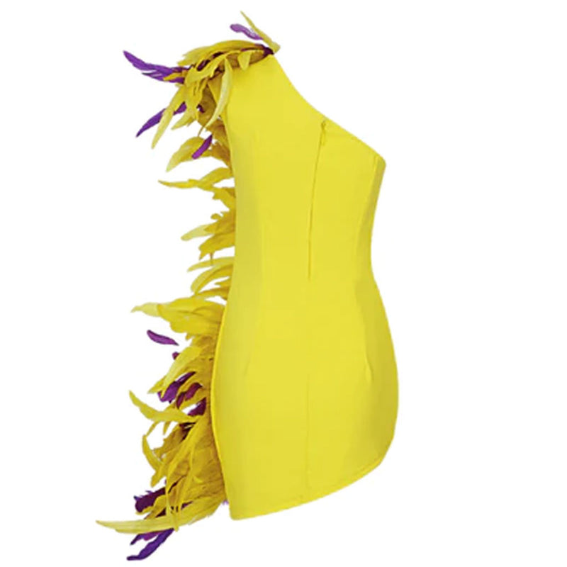 Luxury Feather Trim One Shoulder Crepe Mini Dress - Yellow