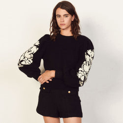 Luxury Floral Print Long Sleeve Mohair Knit Pullover Sweater - Black