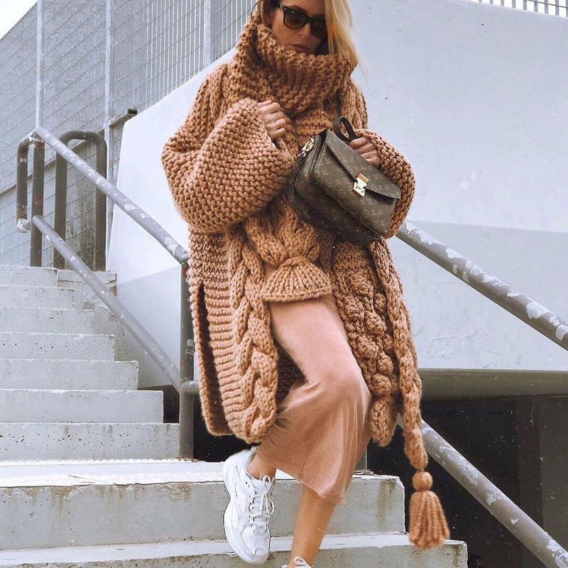 Luxury Fringed Side Slit Long Sleeve Cable Knit Cardigan - Coffee