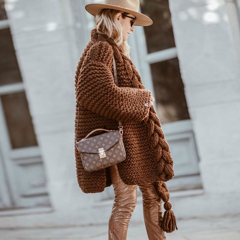 Luxury Fringed Side Slit Long Sleeve Cable Knit Cardigan - Coffee