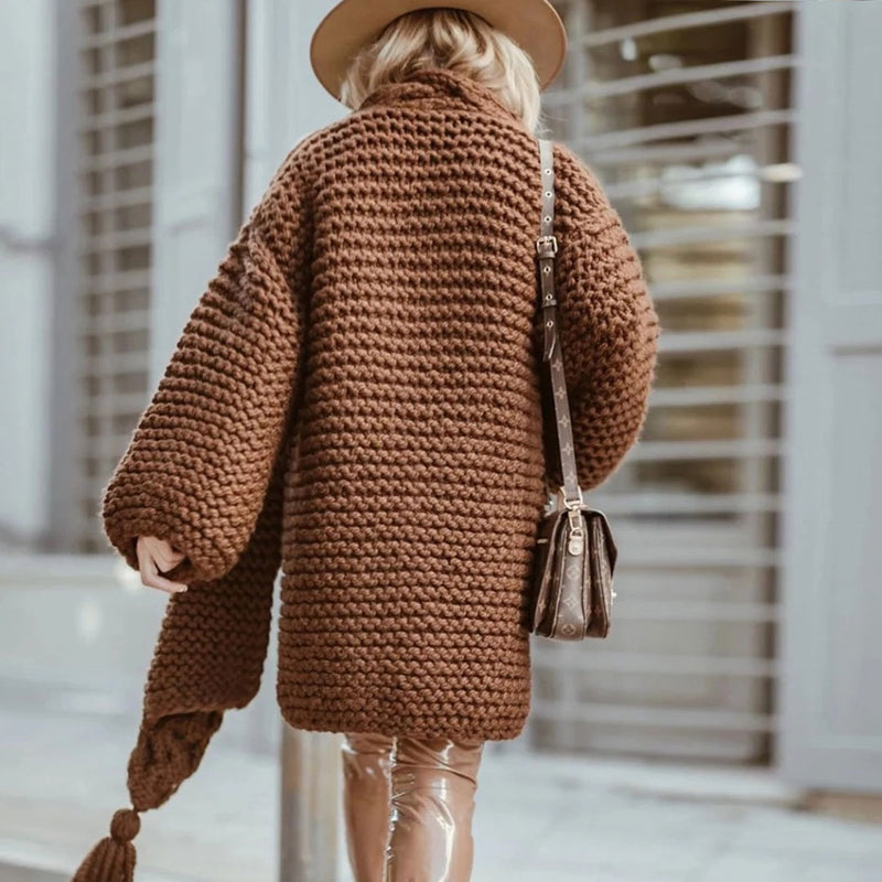 Luxury Fringed Side Slit Long Sleeve Cable Knit Cardigan - Coffee