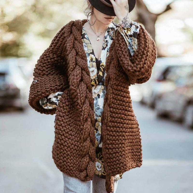 Luxury Fringed Side Slit Long Sleeve Cable Knit Cardigan - Coffee