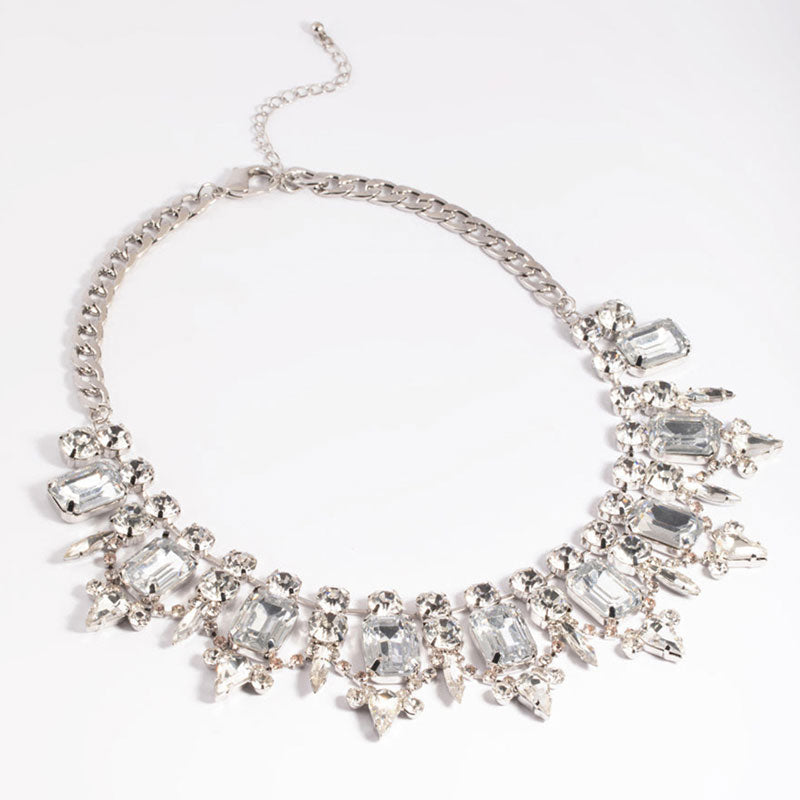 Luxury Gemstone Crystal Embellished Collar Necklace - Silver