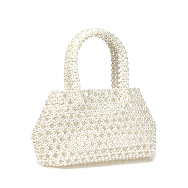Luxury Geometric Top Handle Pearl Beaded Evening Clutch Bag - White