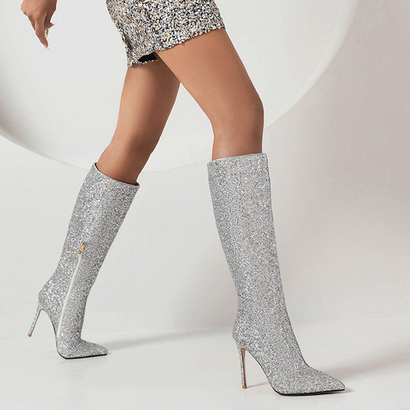 Luxury Glitter Pointed Toe Stiletto Heel Knee High Boots - Silver
