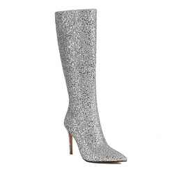 Luxury Glitter Pointed Toe Stiletto Heel Knee High Boots - Silver