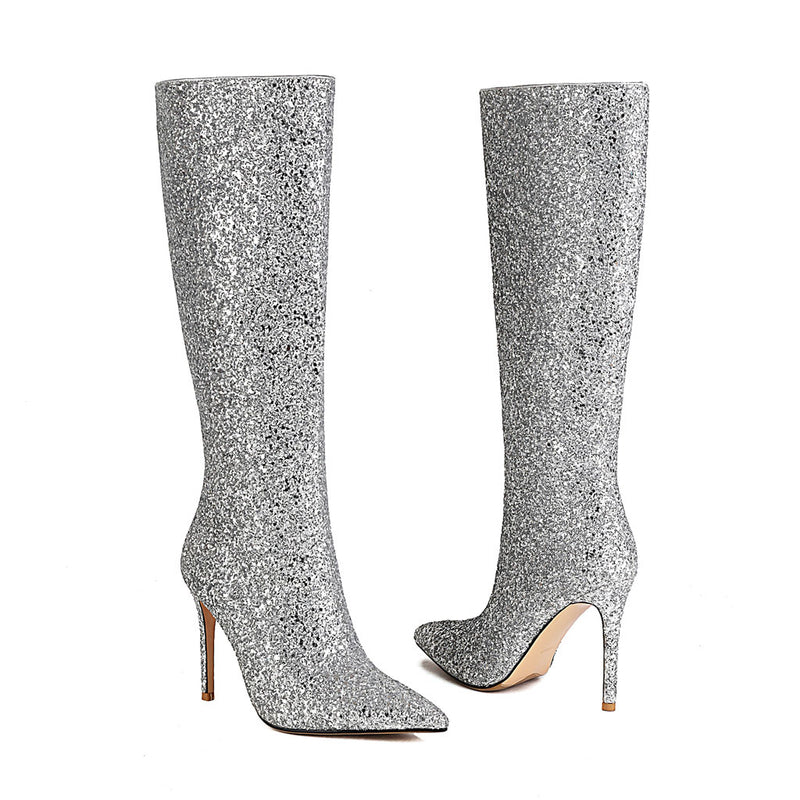 Luxury Glitter Pointed Toe Stiletto Heel Knee High Boots - Silver