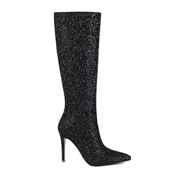 Luxury Glitter Pointed Toe Stiletto Heel Knee High Boots - Black