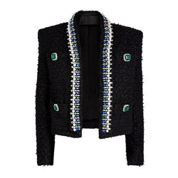 Luxury Jewelled Shoulder Pad Long Sleeve Shawl Collar Cropped Tweed Blazer