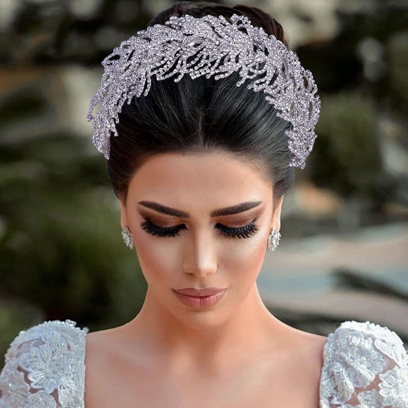 Luxury Leaf Detail Crystal Embellished Bridal Headband - Silver