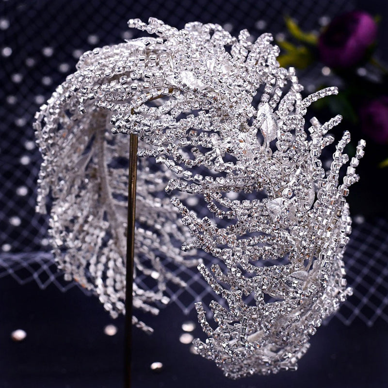 Luxury Leaf Detail Crystal Embellished Bridal Headband - Silver