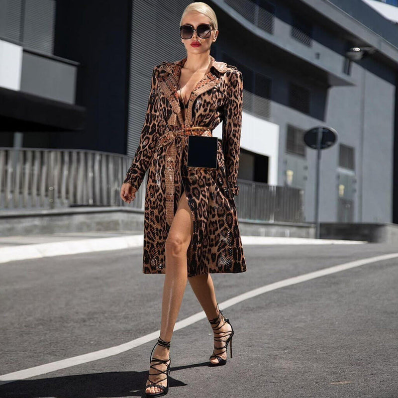 Luxury Leopard Print Belted Lapel Leather Longline Trench Coat - Coffee