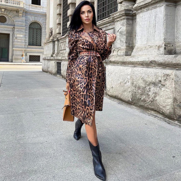 Luxury Leopard Print Belted Lapel Leather Longline Trench Coat - Coffee