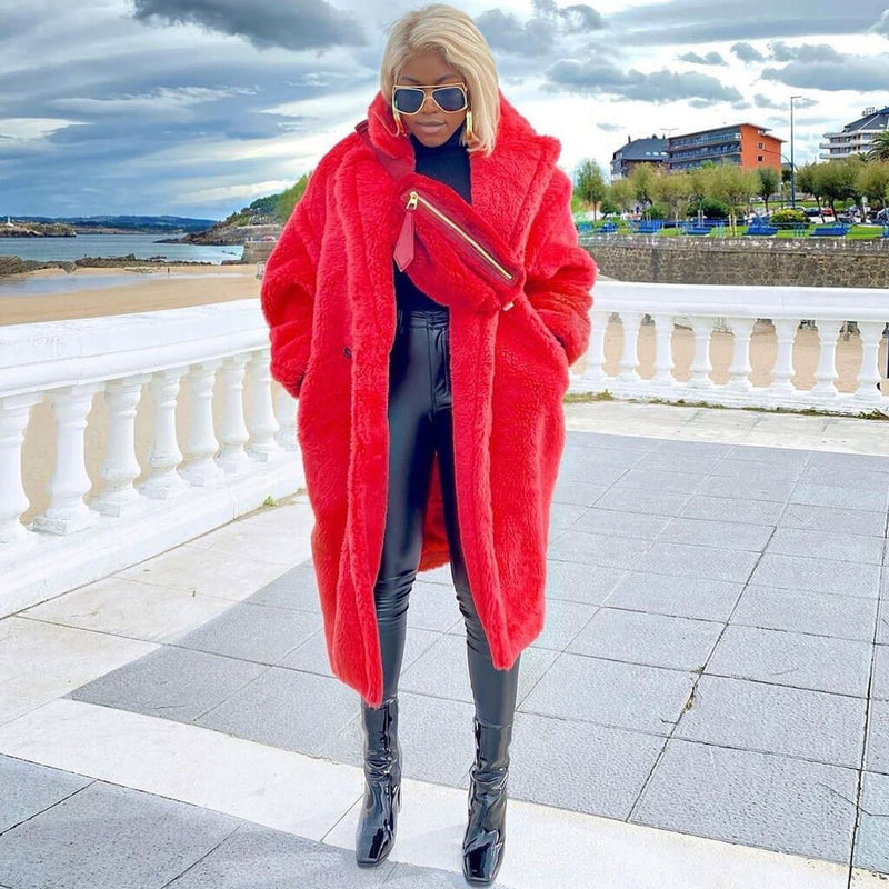 Luxury Long Sleeve Notch Collar Midi Faux Fur Coat - Red