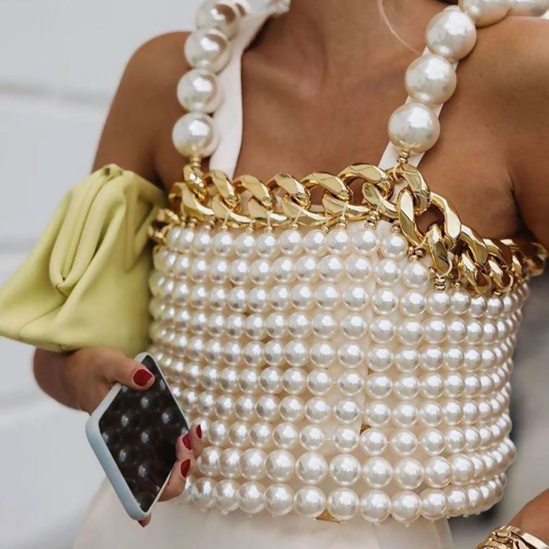 Luxury Metal Chain Oversized Imitation Pearl Beaded Backless Crop Top - White