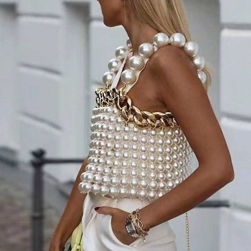 Luxury Metal Chain Oversized Imitation Pearl Beaded Backless Crop Top - White