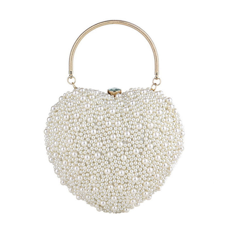 Luxury Metal Handle Pearl Beaded Heart Shaped Clutch Bag - Beige