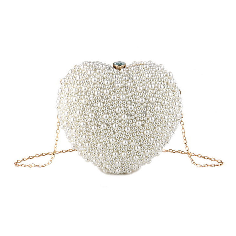 Luxury Metal Handle Pearl Beaded Heart Shaped Clutch Bag - Beige