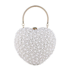 Luxury Metal Handle Pearl Beaded Heart Shaped Clutch Bag - White