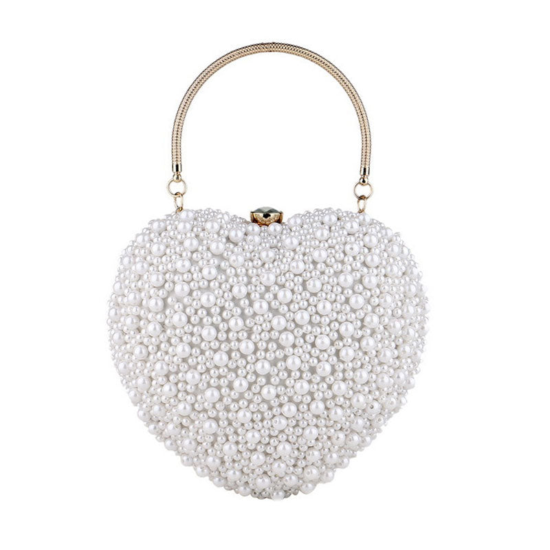 Luxury Metal Handle Pearl Beaded Heart Shaped Clutch Bag - White