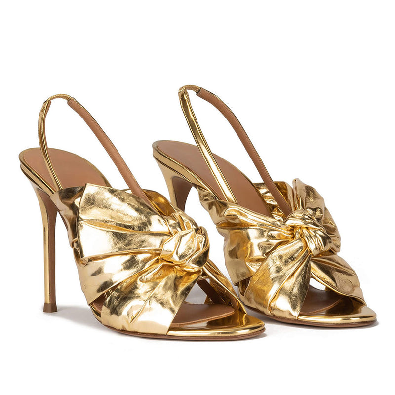 Luxury Metallic Bow Detail Round Toe Stiletto Slingback Sandals - Gold