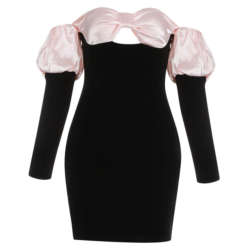 Luxury Off Shoulder Puff Sleeve Knot Front Velvet Mini Dress - Black
