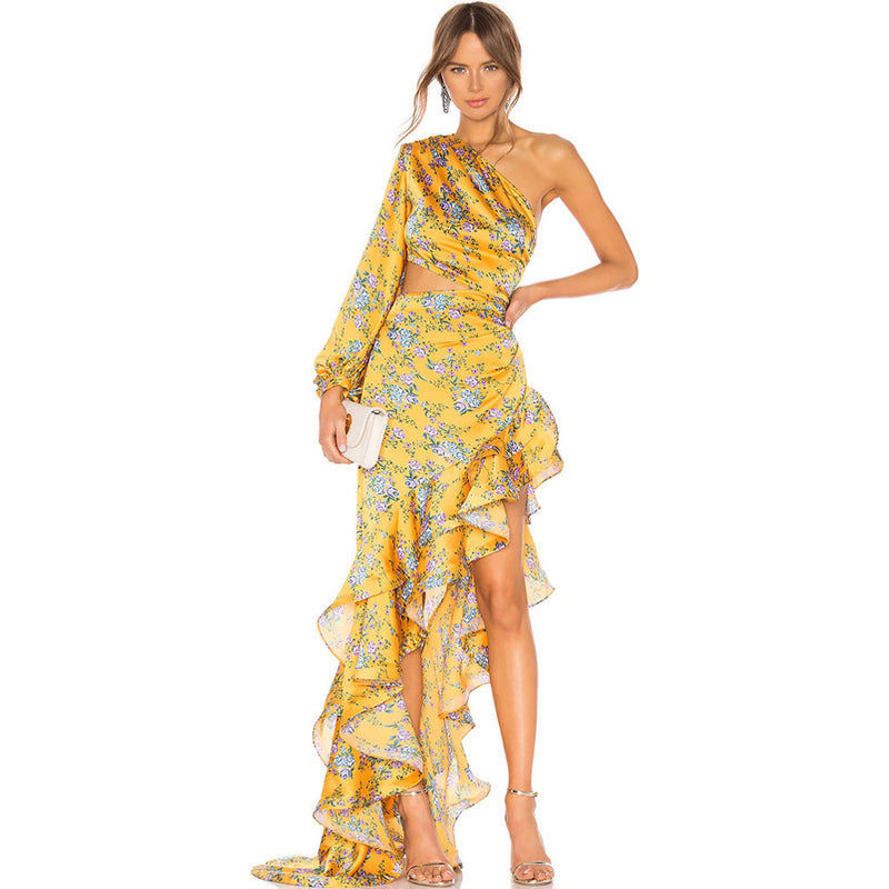 Luxury One Shoulder Cutout Satin Ruffle Floral Evening Dress - Yellow
