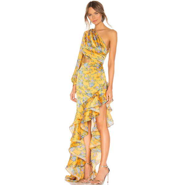 Luxury One Shoulder Cutout Satin Ruffle Floral Evening Dress - Yellow