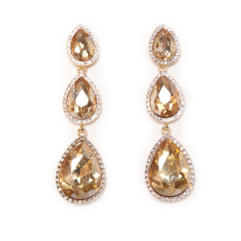 Luxury Pear Cut Crystal Embellished Triple Drop Earrings - Yellow