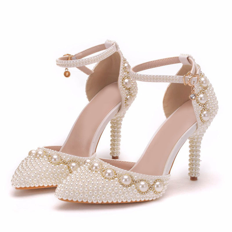 Luxury Pearl Embellished Ankle Strap Pointed Toe Stiletto Sandals - Beige