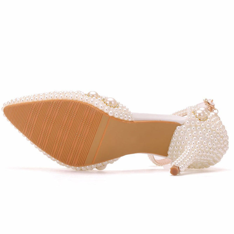 Luxury Pearl Embellished Ankle Strap Pointed Toe Stiletto Sandals - Beige