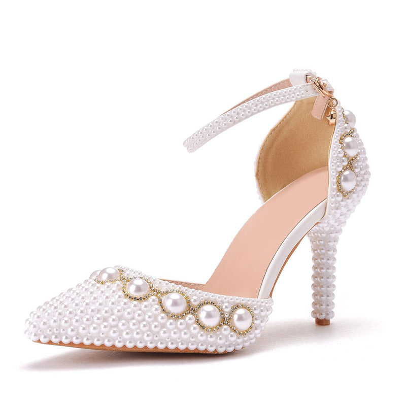 Luxury Pearl Embellished Ankle Strap Pointed Toe Stiletto Sandals - White