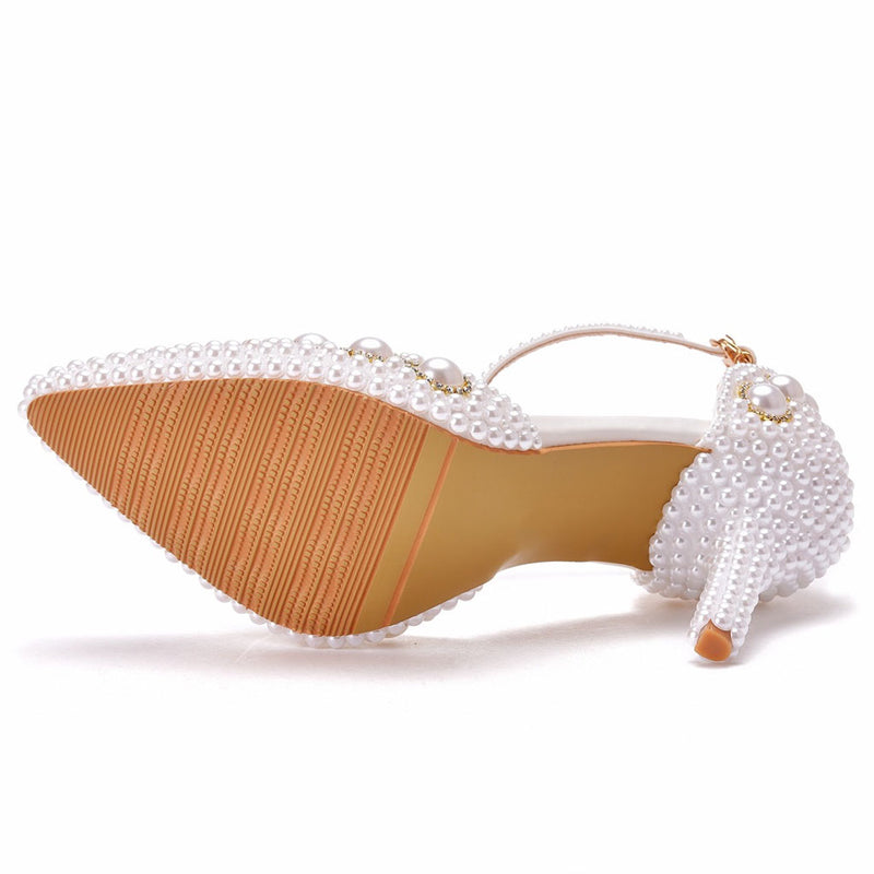 Luxury Pearl Embellished Ankle Strap Pointed Toe Stiletto Sandals - White