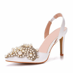 Luxury Pearl Embellished Pointed Toe Slingback Pumps - White