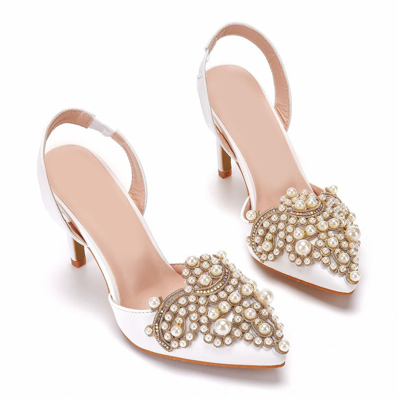 Luxury Pearl Embellished Pointed Toe Slingback Pumps - White