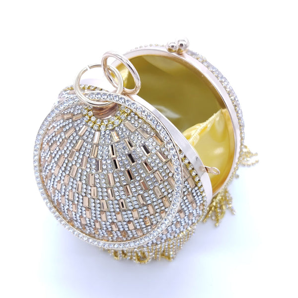 Luxury Rhinestone Embellished Fringe Round Party Clutch - Gold