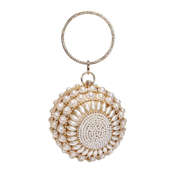 Luxury Rhinestone Embellished Metal Handle Round Pearl Clutch - Gold