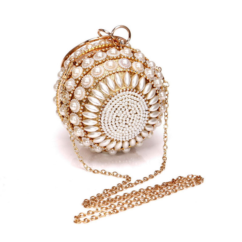 Luxury Rhinestone Embellished Metal Handle Round Pearl Clutch - Gold