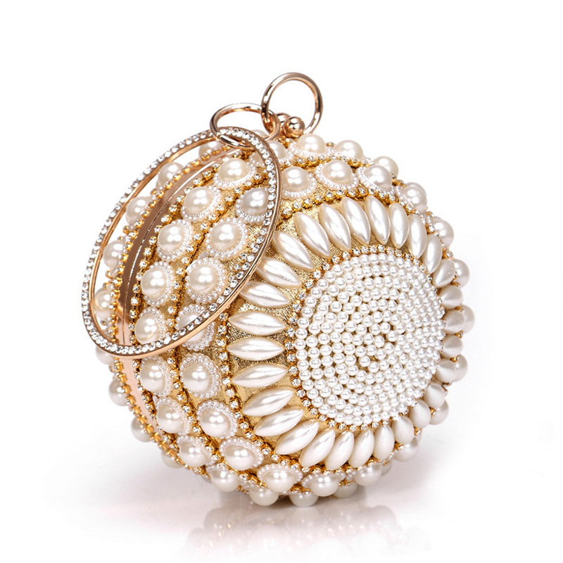 Luxury Rhinestone Embellished Metal Handle Round Pearl Clutch - Gold