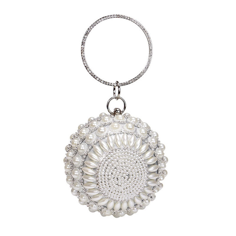 Luxury Rhinestone Embellished Metal Handle Round Pearl Clutch - Silver