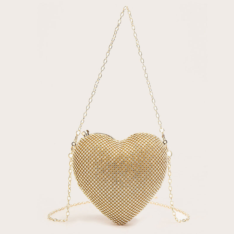 Luxury Rhinestone Embellished Sweetheart Clutch Shoulder Bag - Gold