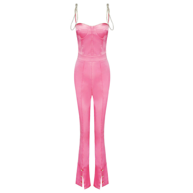 Luxury Rhinestone Strap Split Front Bustier Corset Satin Jumpsuit - Pink