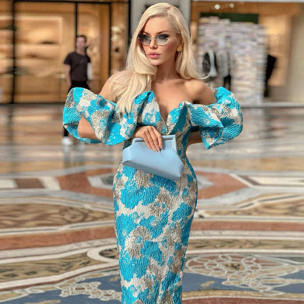 Luxury Ruffle Deep V Off Shoulder Jacquard Floral Midi Dress - Sky Blue