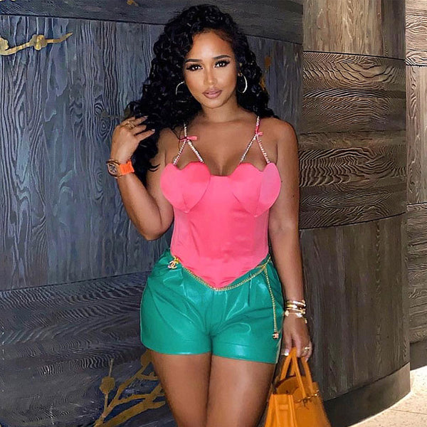 Luxury Satin Bow Detail Rhinestone Strap Heart Corset Crop Top - Hot Pink