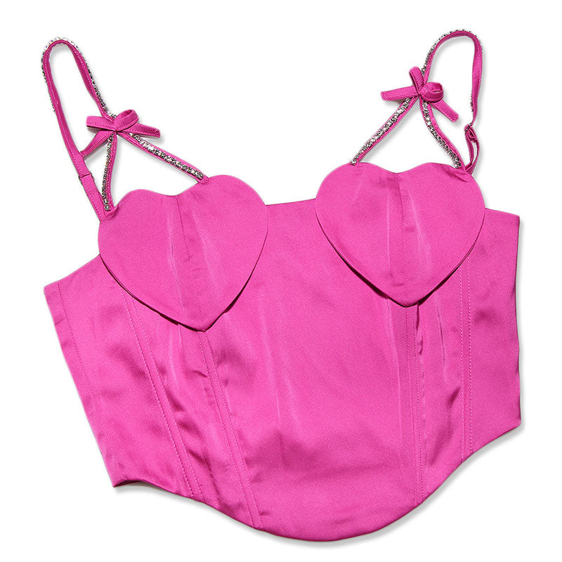 Luxury Satin Bow Detail Rhinestone Strap Heart Corset Crop Top - Hot Pink