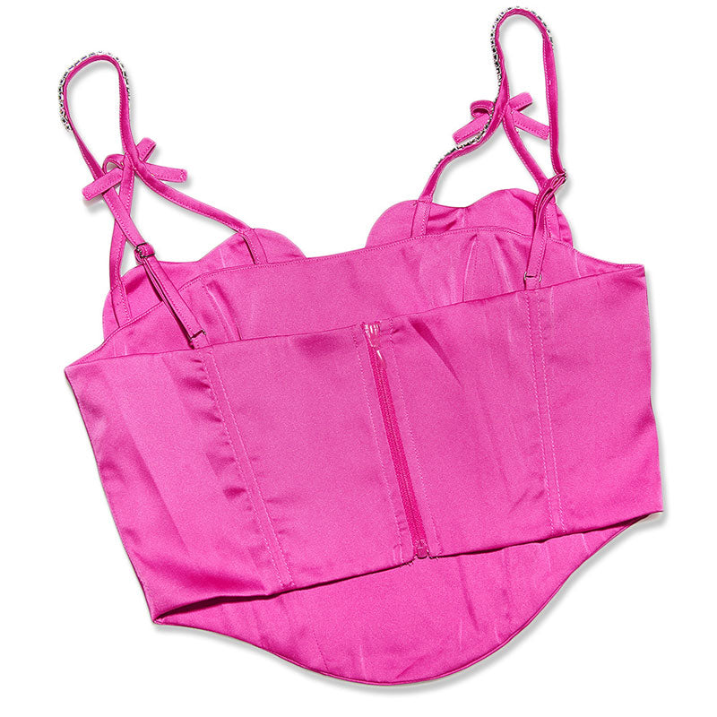 Luxury Satin Bow Detail Rhinestone Strap Heart Corset Crop Top - Hot Pink
