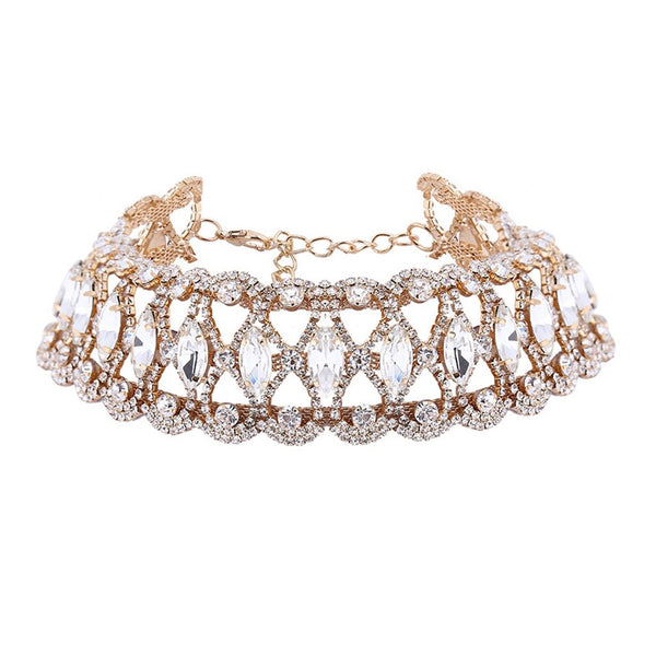 Luxury Scalloped Rhinestone Embellished Choker Necklace - Gold