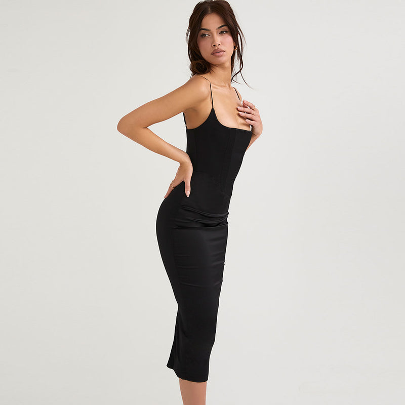 Luxury Square Neck Spaghetti Strap Satin Slip Midi Dress Black