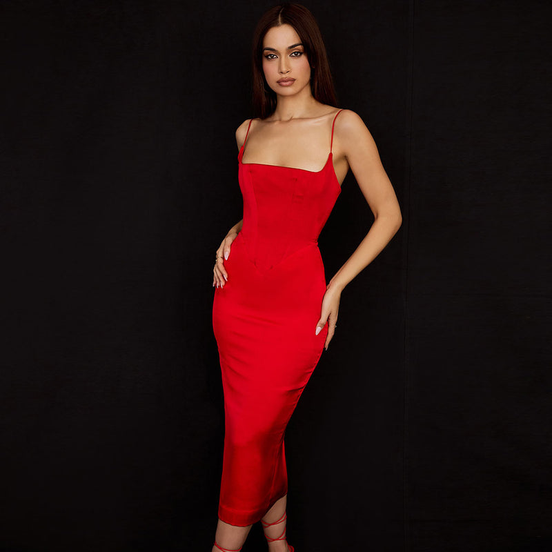 Luxury Square Neck Spaghetti Strap Satin Slip Midi Dress - Red